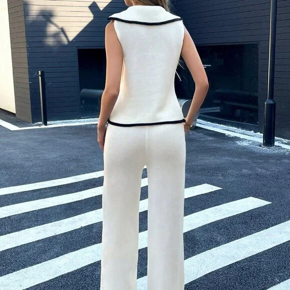 Apricot Elegant Women's Luxury Knitted Vest Sweater And Knit Pants